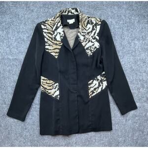 Vintage Design Todays Blazer Womens Large Black Tiger Print Knit Mob Wife Jacket